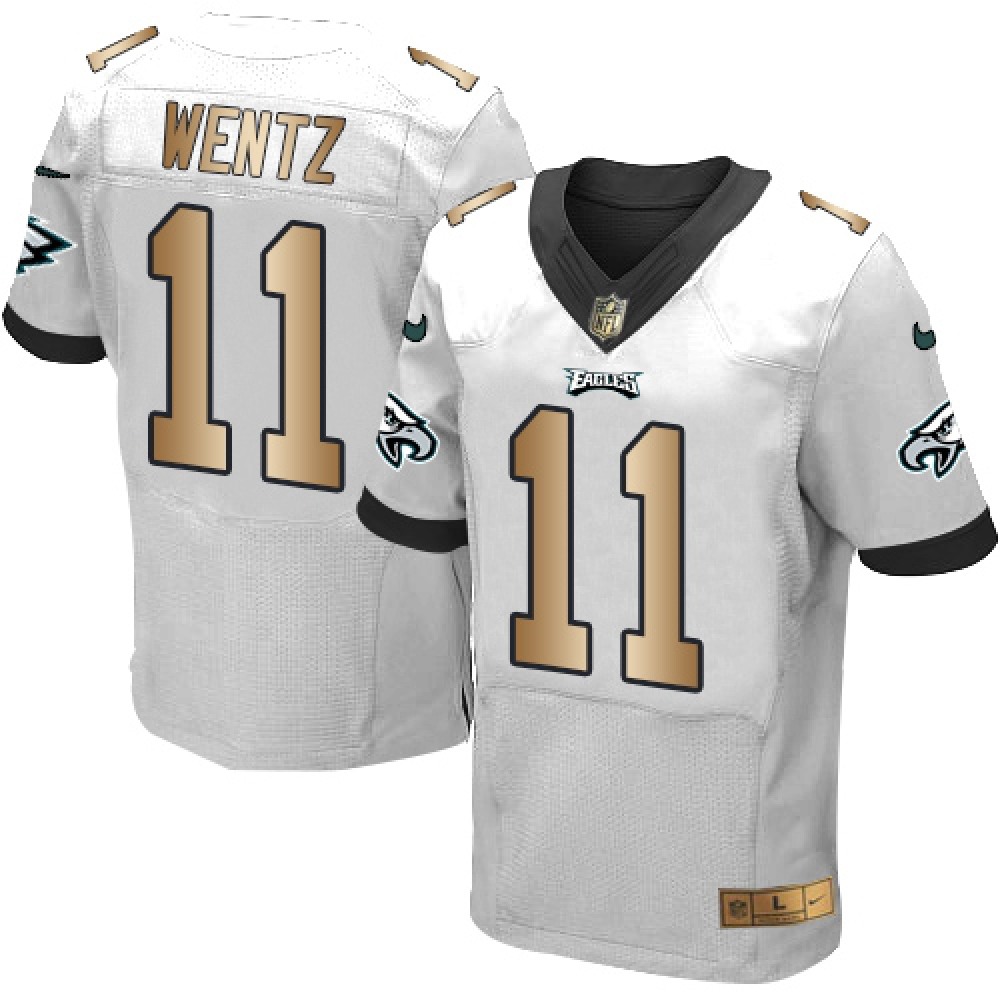Nike Eagles #11 Carson Wentz White Men's Stitched NFL New Elite Gold Jersey Nike Eagles #11 Carson Wentz White Men's Stitched NFL New Elite Gold Jersey