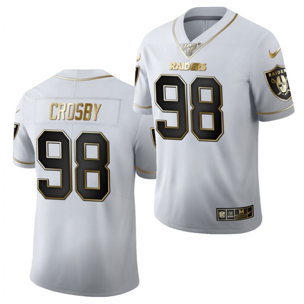 Men's Las Vegas Raiders #98 Maxx Crosby White Golden 100th Season Limited Stitched Jersey Men's Las Vegas Raiders #98 Maxx Crosby White Golden 100th Season Limited Stitched Jersey