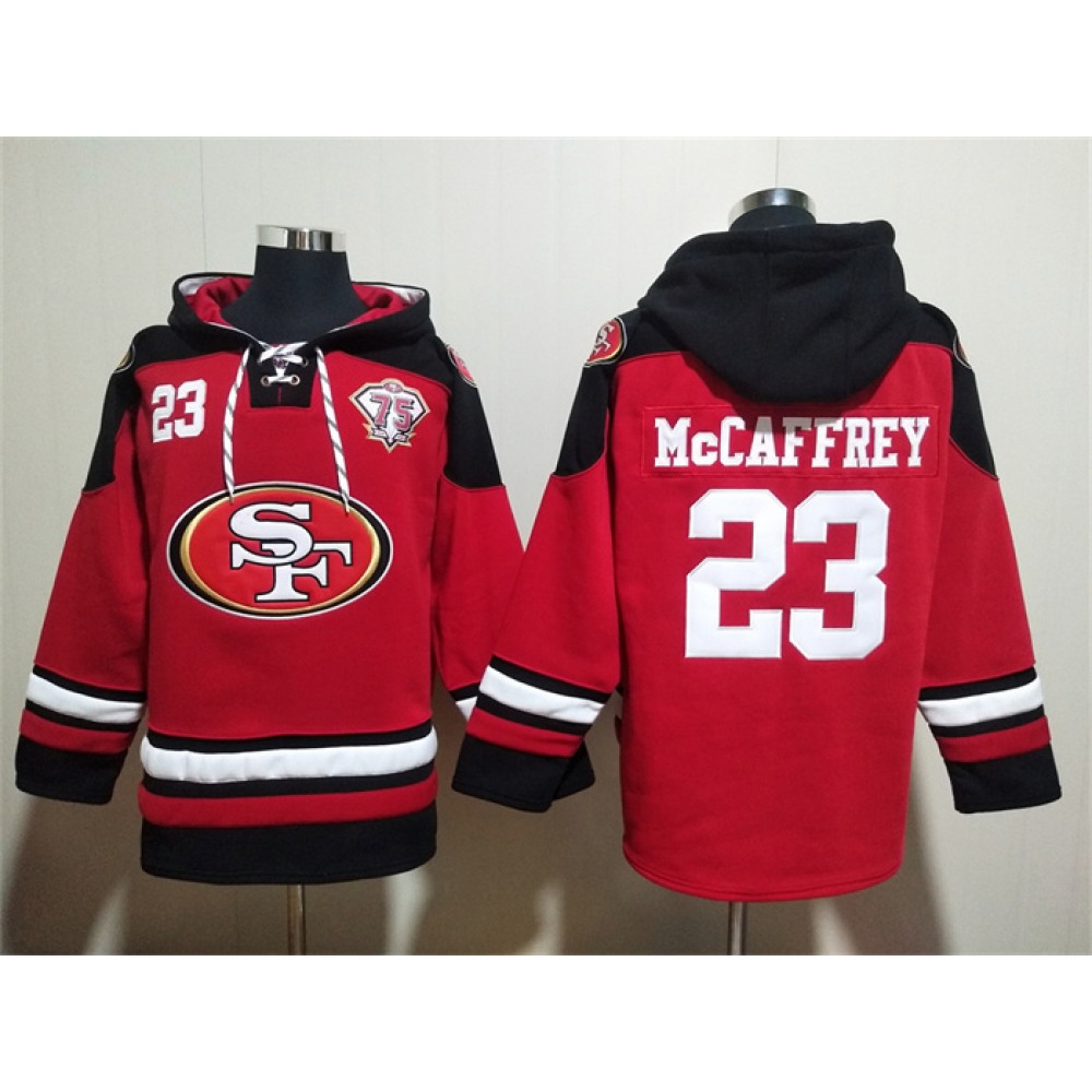 Men's San Francisco 49ers #23 Christian McCaffrey Red With 75th Anniverseray Patch Ageless Must-Have Lace-Up Pullover Hoodie Men's San Francisco 49ers #23 Christian McCaffrey Red With 75th Anniverseray Patch Ageless Must-Have Lace-Up Pullover Hoodie