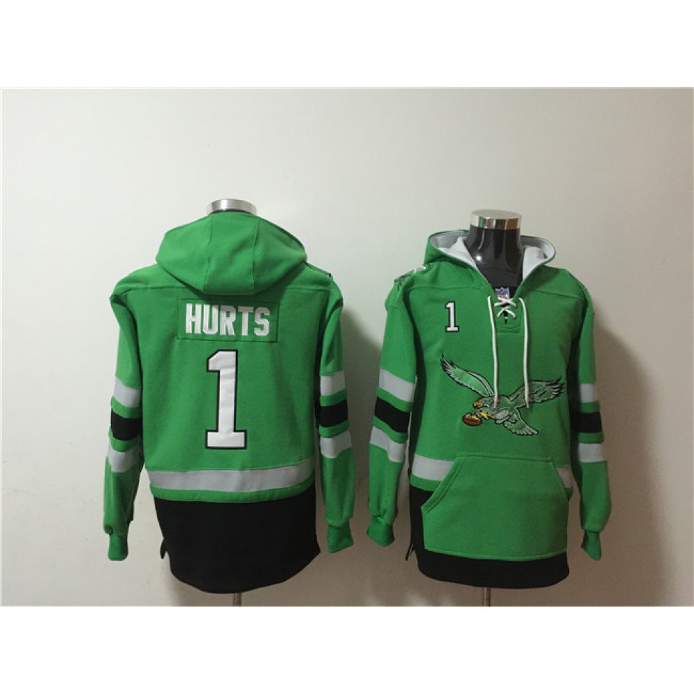 Men's Philadelphia Eagles #1 Jalen Hurts Green Ageless Must-Have Lace-Up Pullover Hoodie Men's Philadelphia Eagles #1 Jalen Hurts Green Ageless Must-Have Lace-Up Pullover Hoodie
