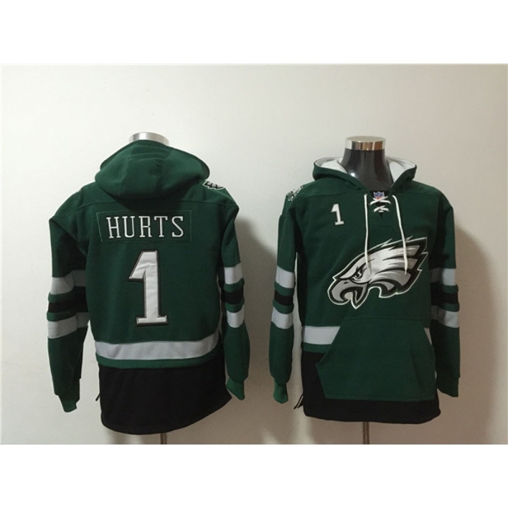 Men's Philadelphia Eagles #1 Jalen Hurts Green Ageless Must-Have Lace-Up Pullover Hoodie Men's Philadelphia Eagles #1 Jalen Hurts Green Ageless Must-Have Lace-Up Pullover Hoodie