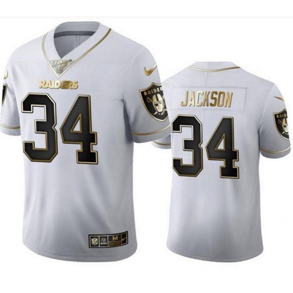 Men's Las Vegas Raiders #34 Bo Jackson White Golden Editon Limited Stitched Jersey Men's Las Vegas Raiders #34 Bo Jackson White Golden Editon Limited Stitched Jersey