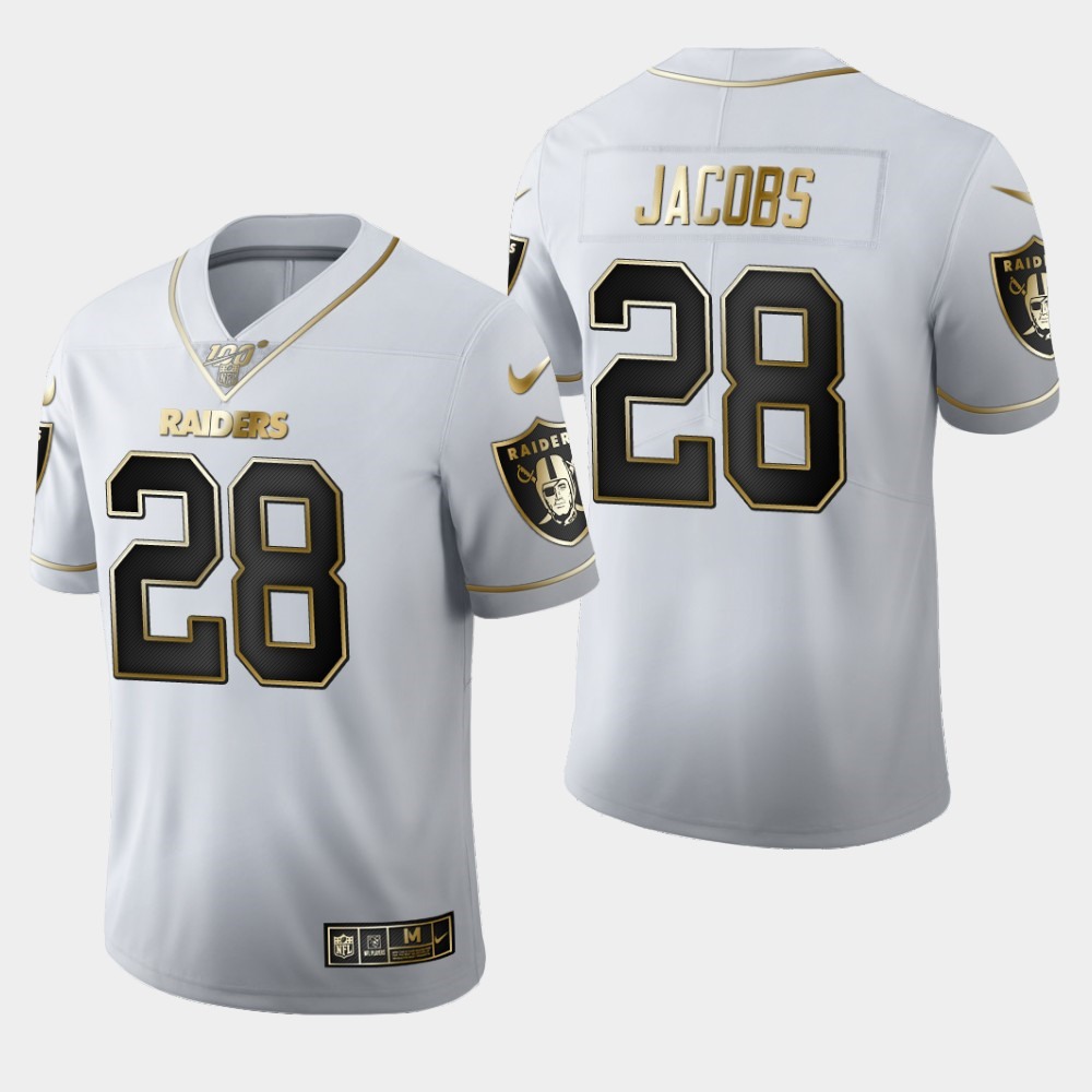 Men's Oakland Raiders #28 Josh Jacobs White 2019 100th Season Golden Edition Limited Stitched NFL Jersey Men's Oakland Raiders #28 Josh Jacobs White 2019 100th Season Golden Edition Limited Stitched NFL Jersey