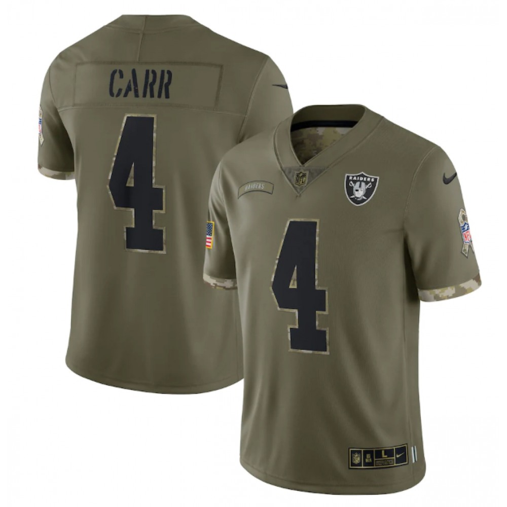 Men's Las Vegas Raiders #4 Derek Carr Olive 2022 Salute To Service Limited Stitched Jersey Men's Las Vegas Raiders #4 Derek Carr Olive 2022 Salute To Service Limited Stitched Jersey