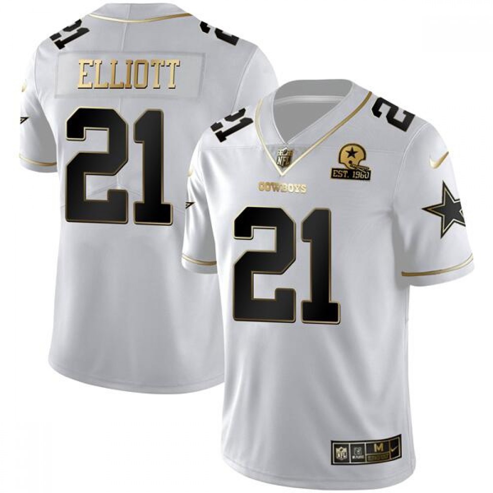 Men's Dallas Cowboys #21 Ezekiel Elliott White Golden Edition With 1960 Patch Limited Stitched Jersey Men's Dallas Cowboys #21 Ezekiel Elliott White Golden Edition With 1960 Patch Limited Stitched Jersey