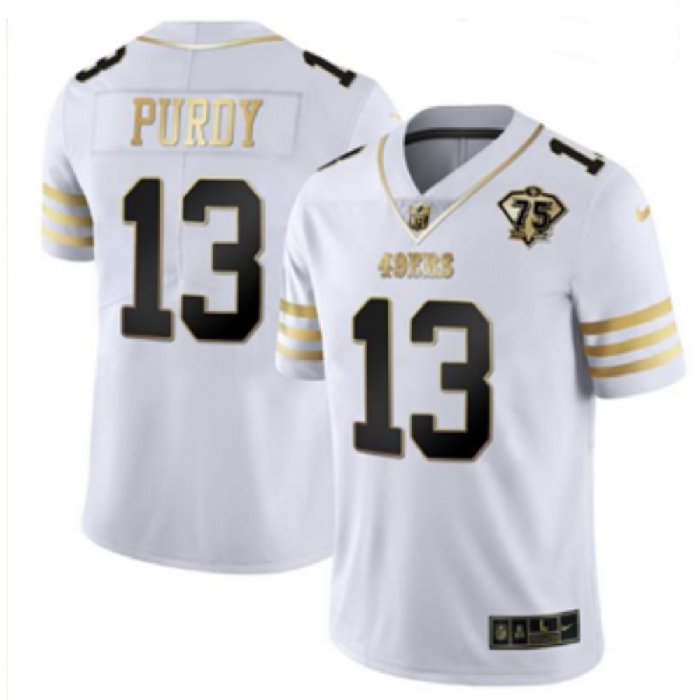 Men's San Francisco 49ers #13 Brock Purdy White Gold With 75th Patch Stitched Jersey Men's San Francisco 49ers #13 Brock Purdy White Gold With 75th Patch Stitched Jersey