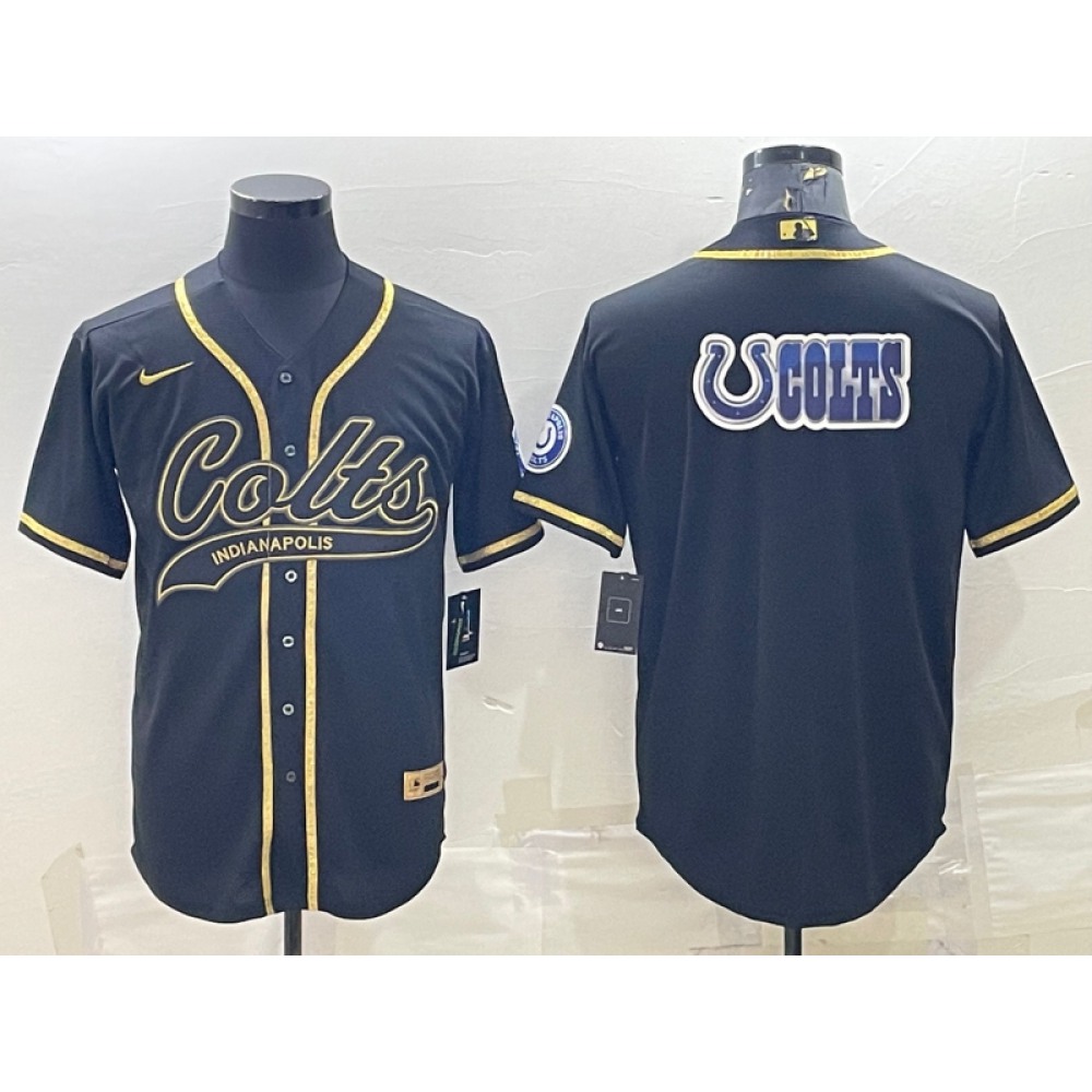 Men's Indianapolis Colts Black Gold Team Big Logo With Patch Cool Base Stitched Baseball Jersey Men's Indianapolis Colts Black Gold Team Big Logo With Patch Cool Base Stitched Baseball Jersey