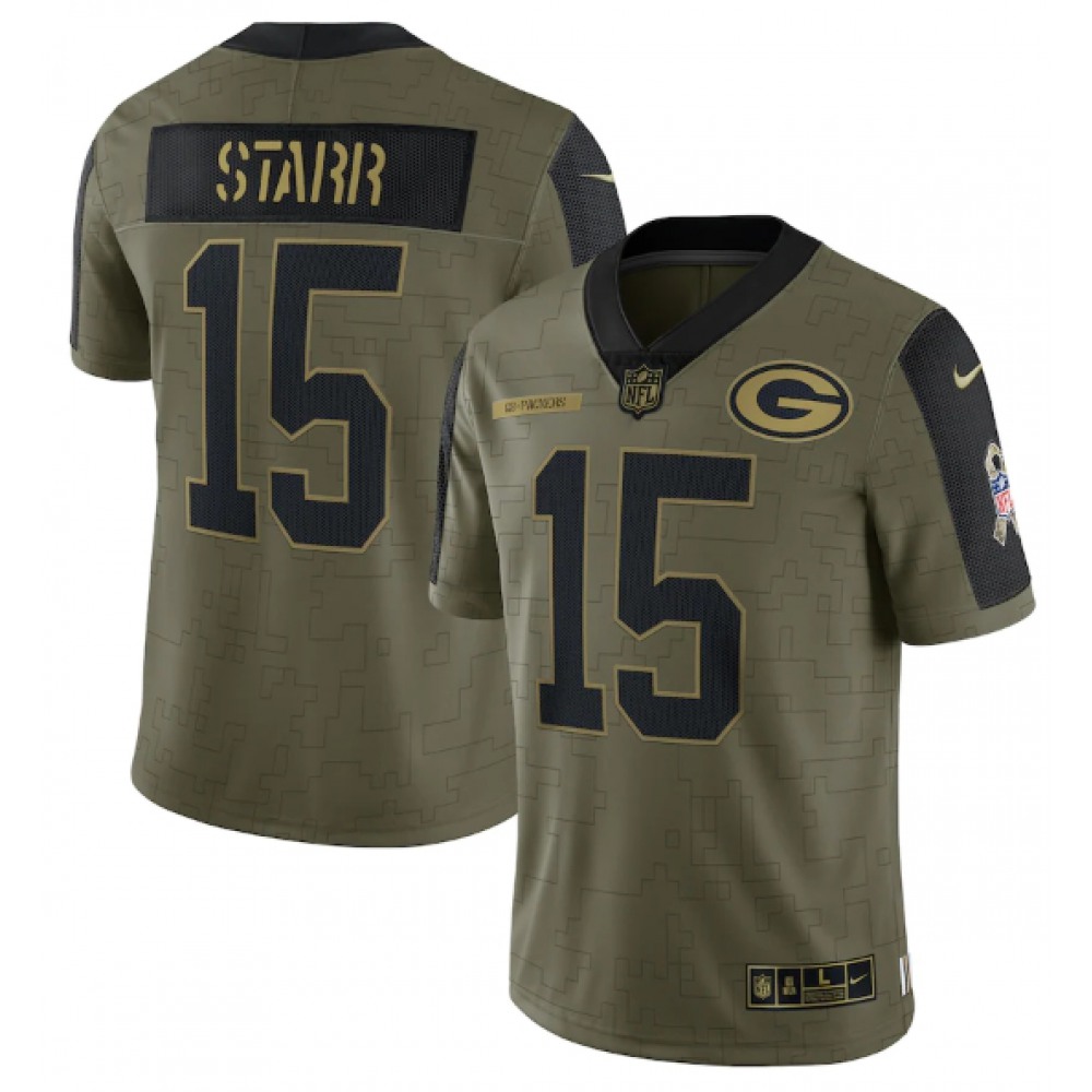 Men's Green Bay Packers #15 Bart Starr 2021 Olive Salute To Service Limited Stitched Jersey Men's Green Bay Packers #15 Bart Starr 2021 Olive Salute To Service Limited Stitched Jersey