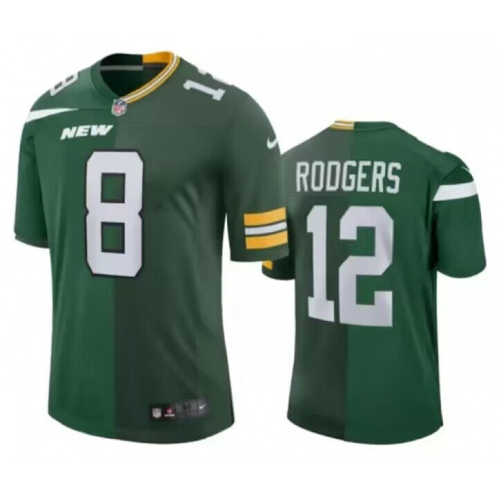Men's New York Jets Front #8 Back #12 Aaron Rodgers Split Green Jersey Men's New York Jets Front #8 Back #12 Aaron Rodgers Split Green Jersey