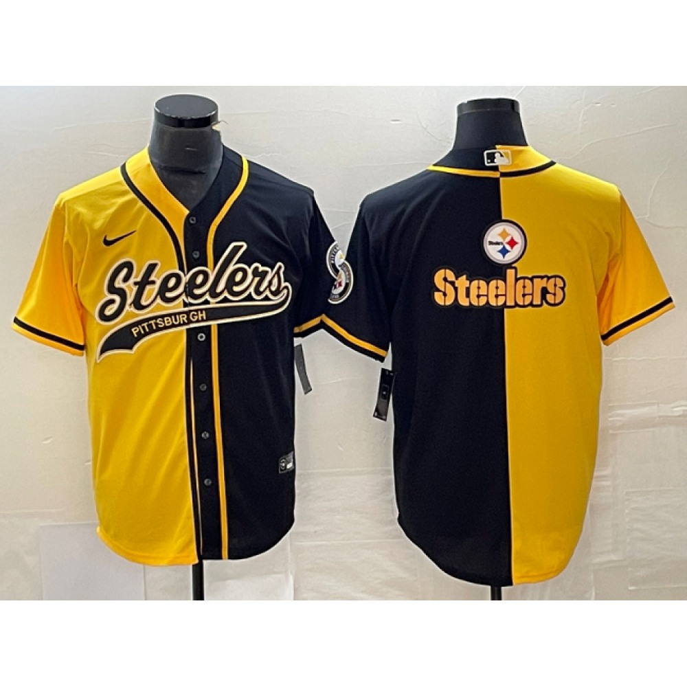 Men's Pittsburgh Steelers Yellow Black Split Team Big Logo Cool Base Stitched Baseball Jersey Men's Pittsburgh Steelers Yellow Black Split Team Big Logo Cool Base Stitched Baseball Jersey