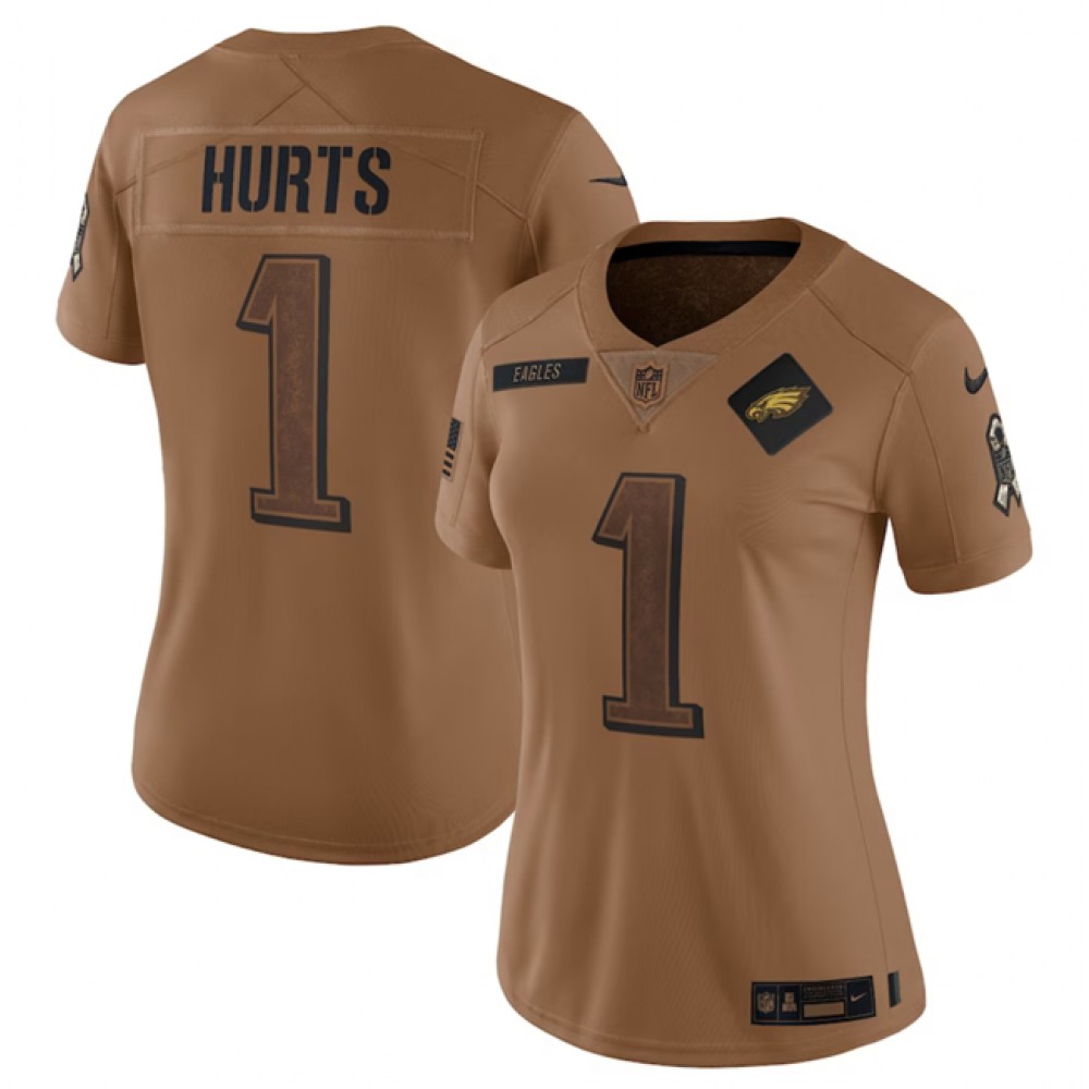 Women's Philadelphia Eagles #1 Jalen Hurts 2023 Brown Salute To Service Limited Stitched Football Jersey(Run Small) Women's Philadelphia Eagles #1 Jalen Hurts 2023 Brown Salute To Service Limited Stitched Football Jersey(Run Small)