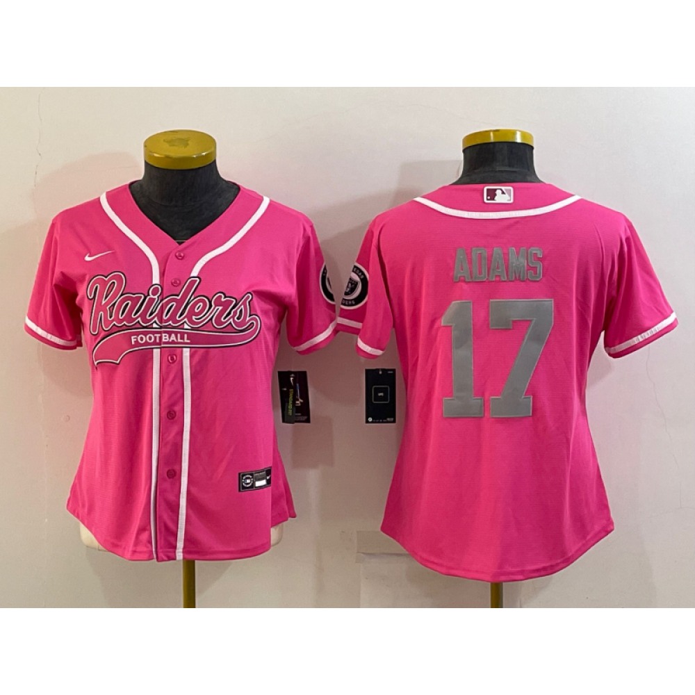 Women's Las Vegas Raiders #17 Davante Adams Pink Silver With Patch Cool Base Stitched Baseball Jersey(Run Small) Women's Las Vegas Raiders #17 Davante Adams Pink Silver With Patch Cool Base Stitched Baseball Jersey(Run Small)
