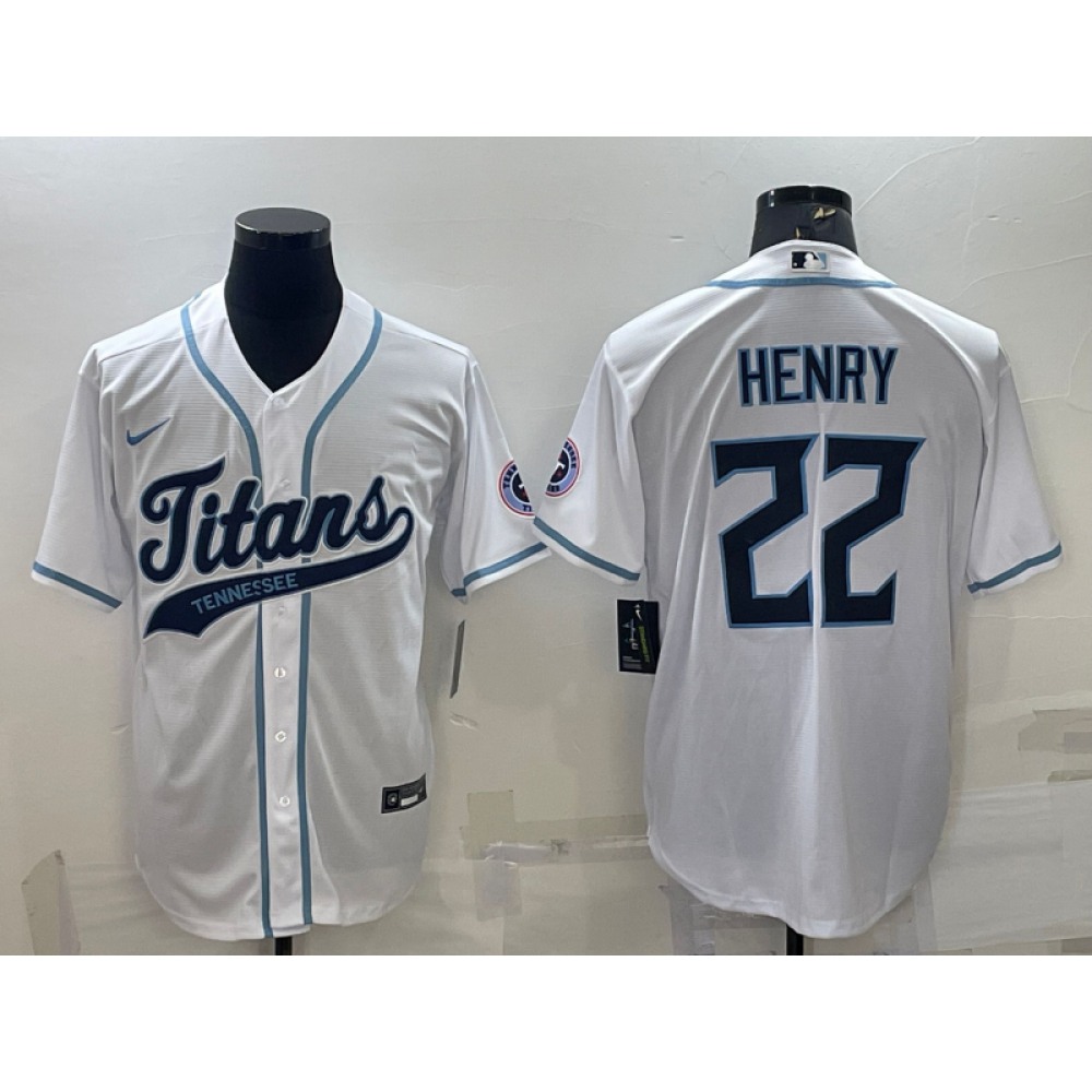 Men's Tennessee Titans #22 Derrick Henry White With Patch Cool Base Stitched Baseball Jersey Men's Tennessee Titans #22 Derrick Henry White With Patch Cool Base Stitched Baseball Jersey