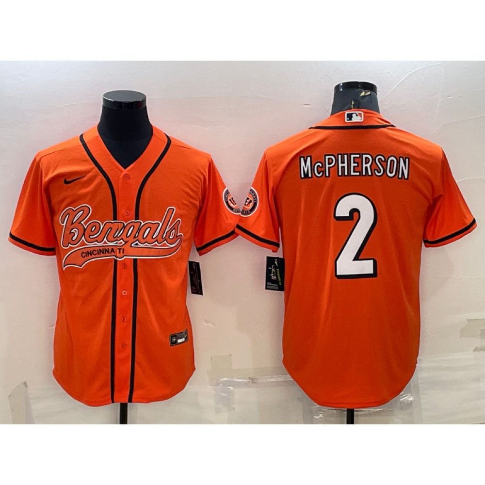 Men's Cincinnati Bengals #2 Evan McPherson Orange With Patch Cool Base Stitched Baseball Jersey Men's Cincinnati Bengals #2 Evan McPherson Orange With Patch Cool Base Stitched Baseball Jersey