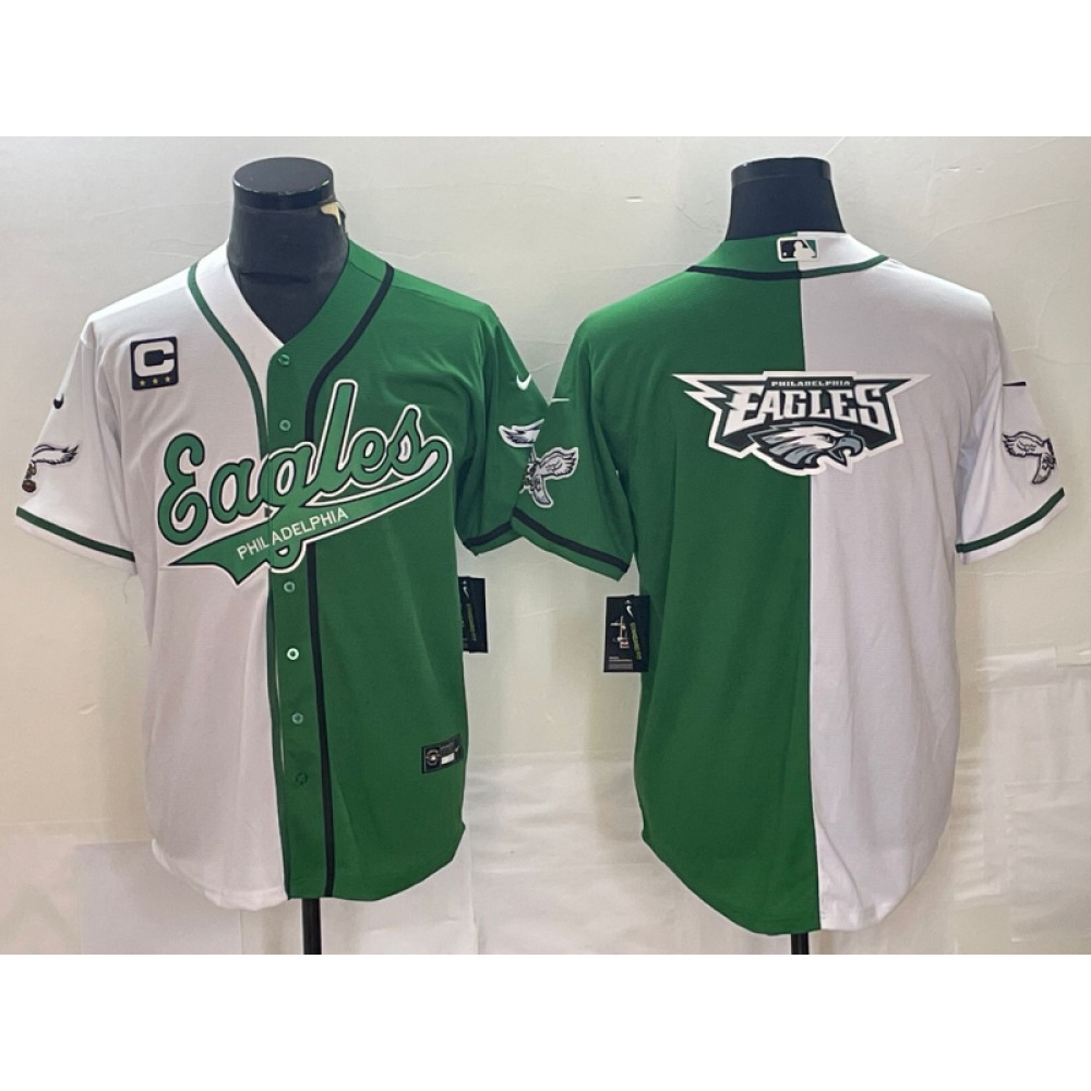 Men's Philadelphia Eagles Green/White Split Team Big Logo With 3-star C Patch Cool Base Stitched Baseball Jersey Men's Philadelphia Eagles Green/White Split Team Big Logo With 3-star C Patch Cool Base Stitched Baseball Jersey