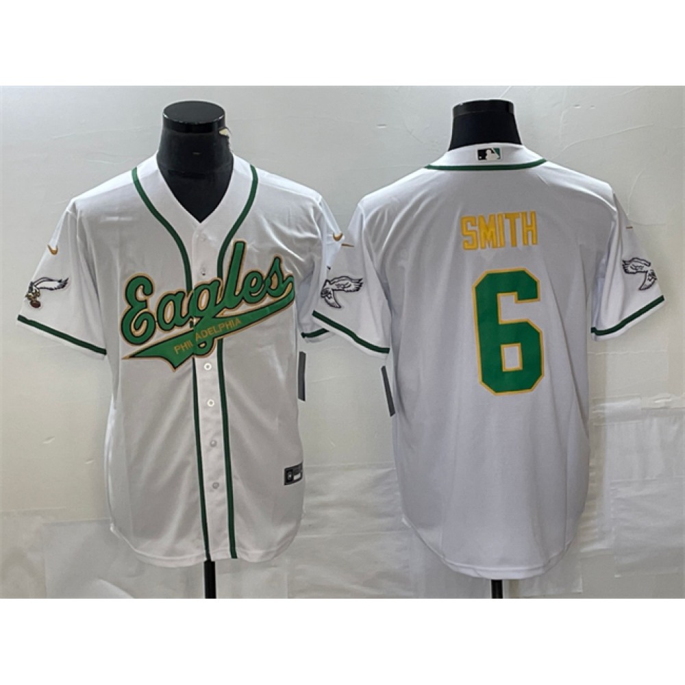 Men's Philadelphia Eagles #6 DeVonta Smith White Gold Cool Base Stitched Baseball Jersey Men's Philadelphia Eagles #6 DeVonta Smith White Gold Cool Base Stitched Baseball Jersey