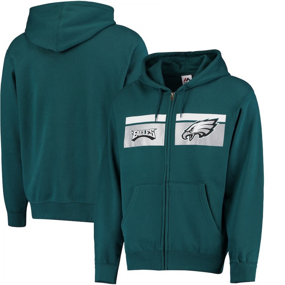 Men's Philadelphia Eagles Green Majestic Touchback Full-Zip NFL Hoodie Men's Philadelphia Eagles Green Majestic Touchback Full-Zip NFL Hoodie