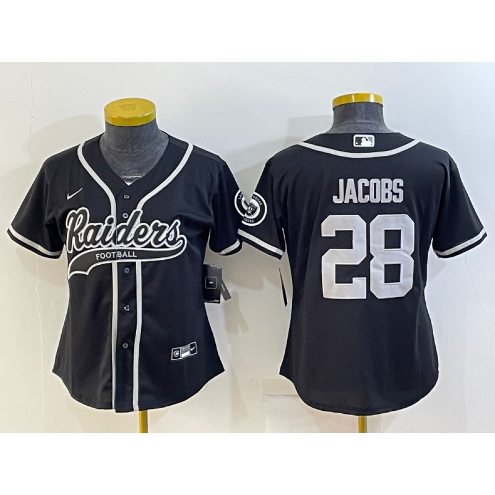 Youth Las Vegas Raiders #28 Josh Jacobs Black With Patch Cool Base Stitched Baseball Jersey Youth Las Vegas Raiders #28 Josh Jacobs Black With Patch Cool Base Stitched Baseball Jersey