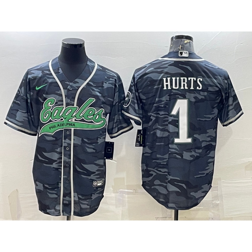 Men's Philadelphia Eagles #1 Jalen Hurts Grey Camo With Patch Cool Base Stitched Baseball Jersey Men's Philadelphia Eagles #1 Jalen Hurts Grey Camo With Patch Cool Base Stitched Baseball Jersey