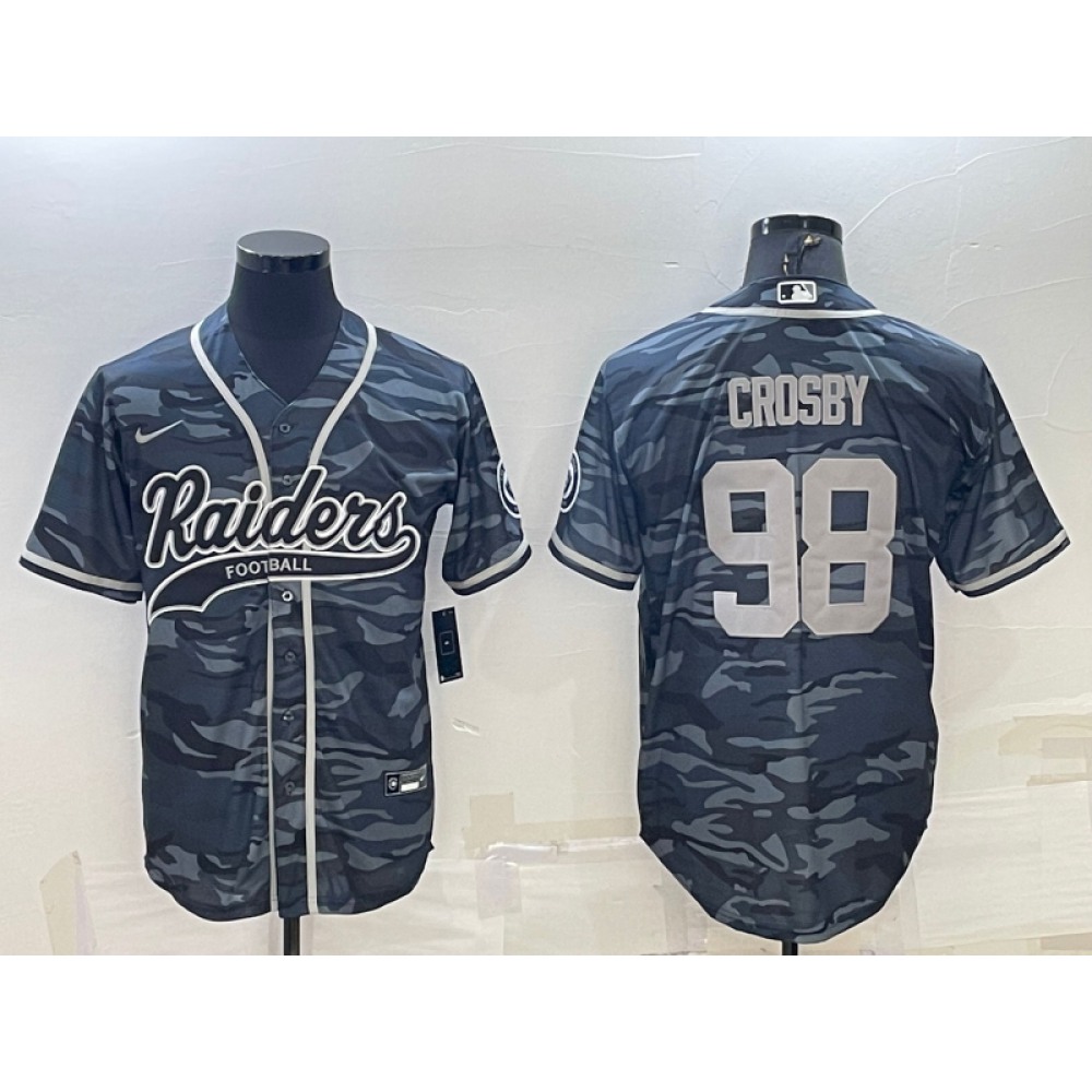 Men's Las Vegas Raiders #98 Maxx Crosby Grey Camo With Patch Cool Base Stitched Baseball Jersey Men's Las Vegas Raiders #98 Maxx Crosby Grey Camo With Patch Cool Base Stitched Baseball Jersey