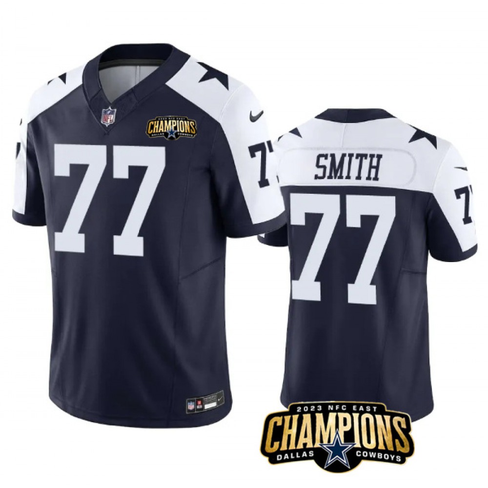 Men's Dallas Cowboys #77 Tyron Smith Navy/White 2023 F.U.S.E. NFC East Champions Patch Stitched Football Jersey