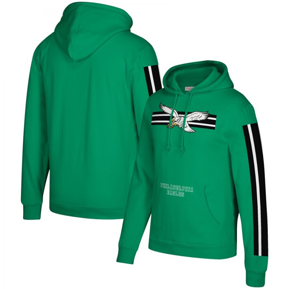 Men's Philadelphia Eagles 2019 Green Mitchell & Ness Three Stripe Pullover Hoodie Men's Philadelphia Eagles 2019 Green Mitchell & Ness Three Stripe Pullover Hoodie