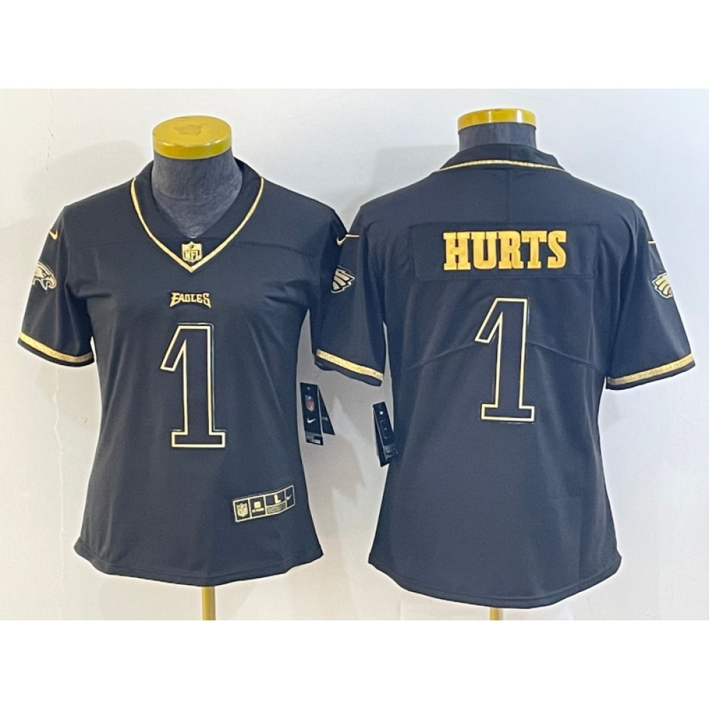 Women's Philadelphia Eagles #1 Jalen Hurts Black Golden Edition Stitched Football Jersey(Run Small) Women's Philadelphia Eagles #1 Jalen Hurts Black Golden Edition Stitched Football Jersey(Run Small)