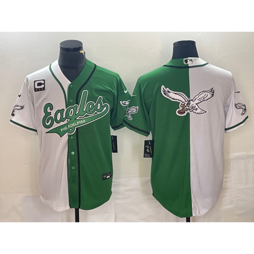 Men's Philadelphia Eagles Green/White Split Team Big Logo With 3-star C Patch Cool Base Stitched Baseball Jersey Men's Philadelphia Eagles Green/White Split Team Big Logo With 3-star C Patch Cool Base Stitched Baseball Jersey
