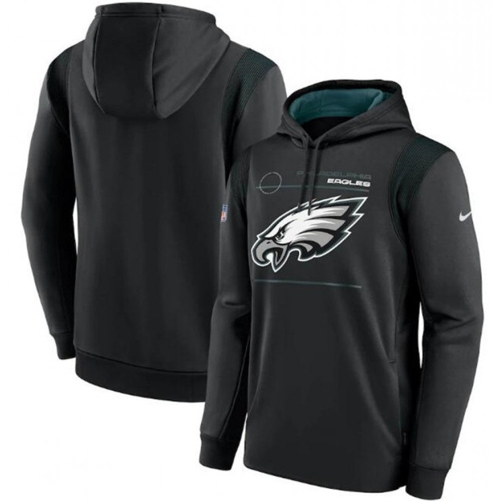 Men's Philadelphia Eagles 2021 Black Sideline Logo Performance Pullover Hoodie Men's Philadelphia Eagles 2021 Black Sideline Logo Performance Pullover Hoodie