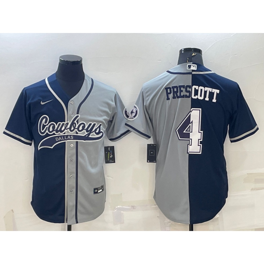 Men's Dallas Cowboys #4 Dak Prescott Navy/Grey Split With Patch Cool Base Stitched Baseball Jersey Men's Dallas Cowboys #4 Dak Prescott Navy/Grey Split With Patch Cool Base Stitched Baseball Jersey