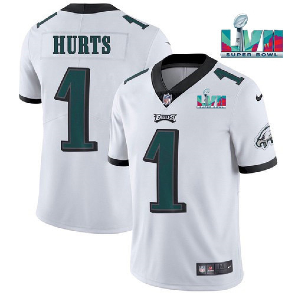 Men's Philadelphia Eagles #1 Jalen Hurts White Super Bowl LVII Patch Vapor Untouchable Limited Stitched Jersey Men's Philadelphia Eagles #1 Jalen Hurts White Super Bowl LVII Patch Vapor Untouchable Limited Stitched Jersey