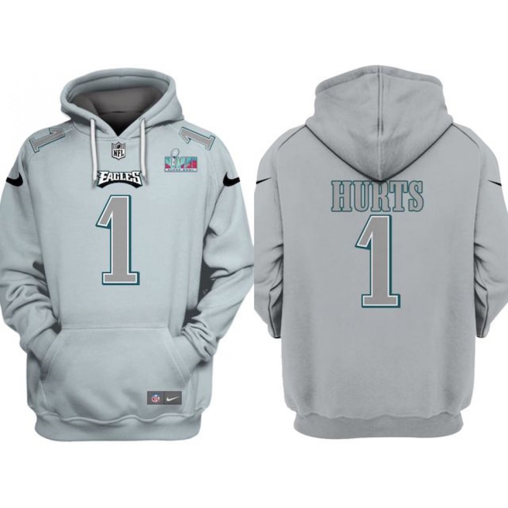 Men's Philadelphia Eagles #1 Jalen Hurts Grey Atmosphere Fashion Super Bowl LVII Patch Pullover Hoodie Men's Philadelphia Eagles #1 Jalen Hurts Grey Atmosphere Fashion Super Bowl LVII Patch Pullover Hoodie