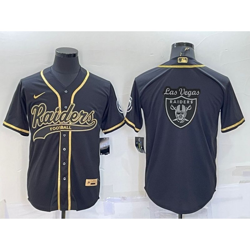 Men's Las Vegas Raiders Black Gold Team Big Logo With Patch Cool Base Stitched Baseball Jersey Men's Las Vegas Raiders Black Gold Team Big Logo With Patch Cool Base Stitched Baseball Jersey