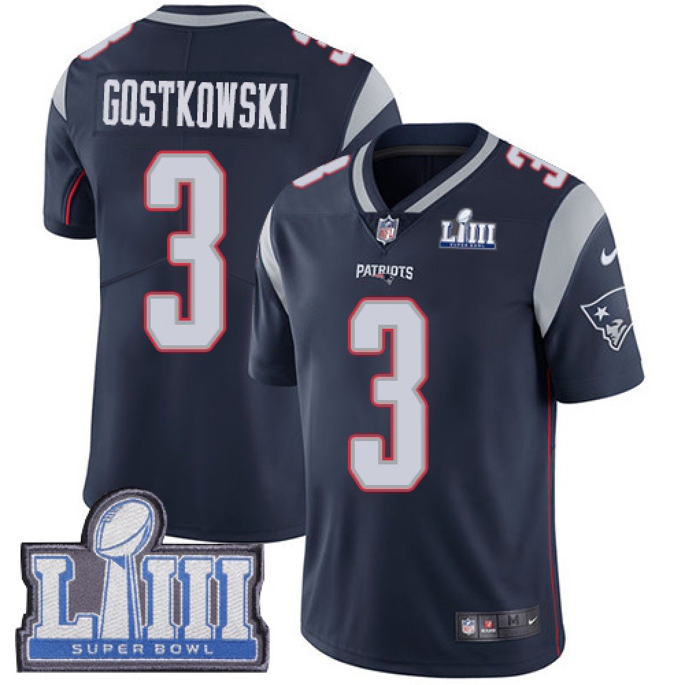 Men's New England Patriots #3 Stephen Gostkowski Navy Blue Super Bowl LIII Vapor Untouchable Limited Stitched NFL Jersey Men's New England Patriots #3 Stephen Gostkowski Navy Blue Super Bowl LIII Vapor Untouchable Limited Stitched NFL Jersey
