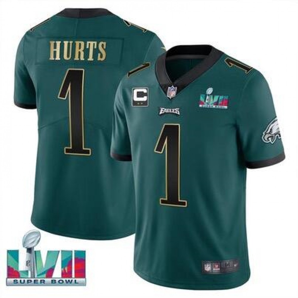 Men's Philadelphia Eagles #1 Jalen Hurts Green Golden Super Bowl LVII Patch And 2-star C Patch Vapor Untouchable Limited Stitched Jersey Men's Philadelphia Eagles #1 Jalen Hurts Green Golden Super Bowl LVII Patch And 2-star C Patch Vapor Untouchable Limited Stitched Jersey