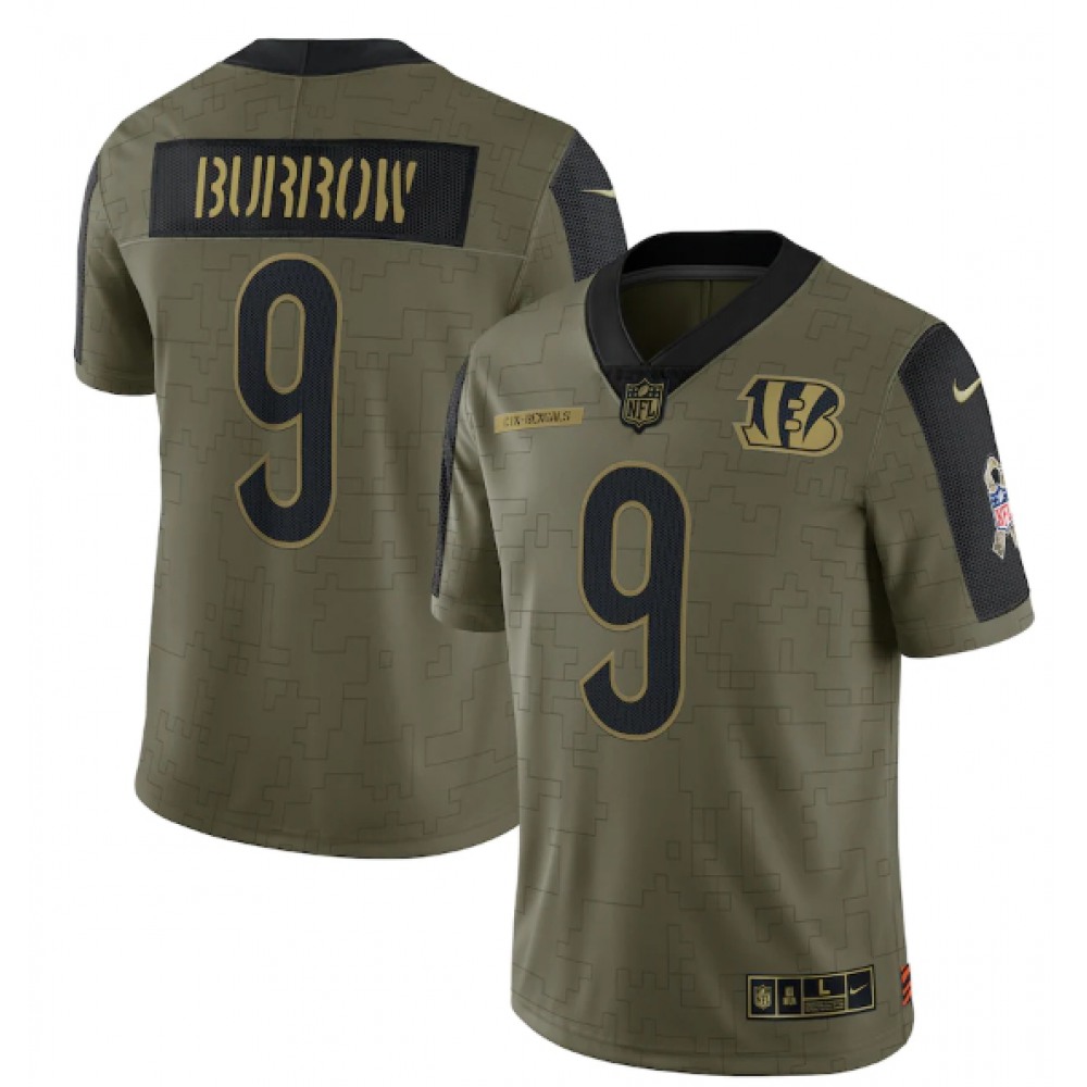 Men's Cincinnati Bengals #9 Joe Burrow 2021 Olive Salute To Service Limited Stitched Jersey Men's Cincinnati Bengals #9 Joe Burrow 2021 Olive Salute To Service Limited Stitched Jersey
