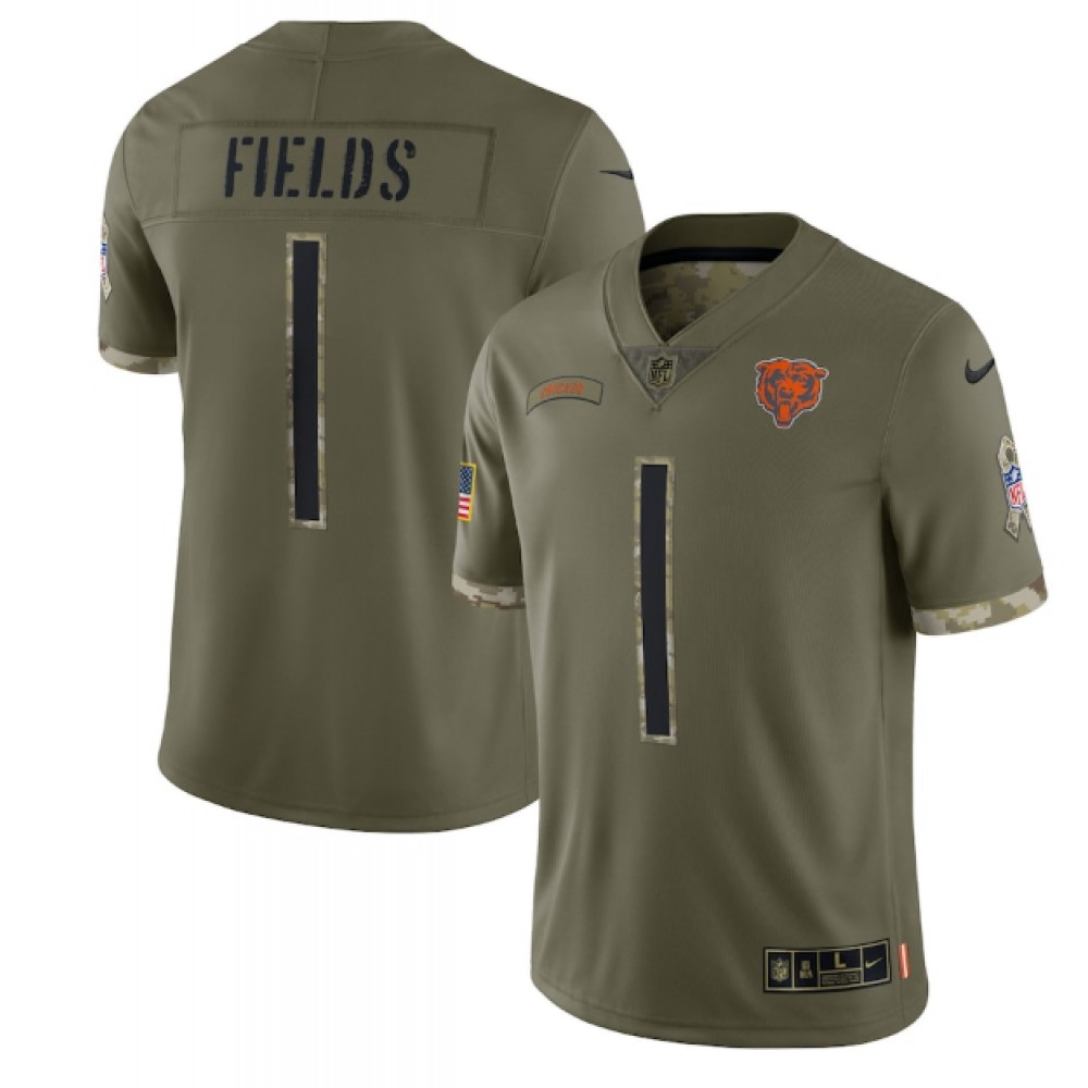 Men's Chicago Bears #1 Justin Fields Olive 2022 Salute To Service Limited Stitched Jersey Men's Chicago Bears #1 Justin Fields Olive 2022 Salute To Service Limited Stitched Jersey
