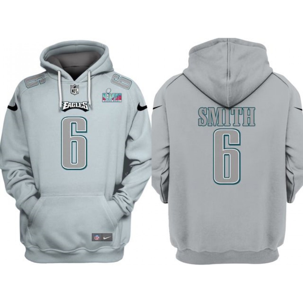 Men's Philadelphia Eagles #6 DeVonta Smith Grey Atmosphere Fashion Super Bowl LVII Patch Pullover Hoodie Men's Philadelphia Eagles #6 DeVonta Smith Grey Atmosphere Fashion Super Bowl LVII Patch Pullover Hoodie