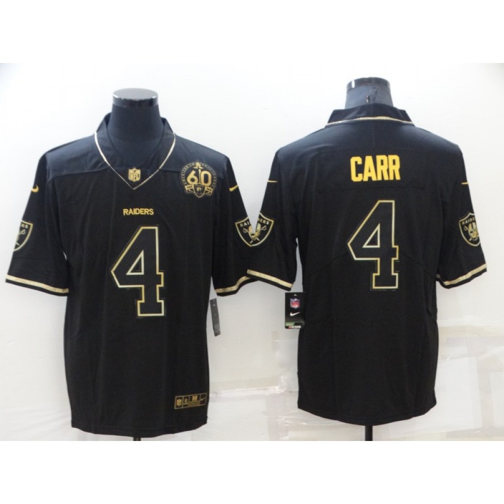 Men's Las Vegas Raiders #4 Derek Carr Black/Gold With 60th Anniversary Patch Vapor Limited Stitched Jersey Men's Las Vegas Raiders #4 Derek Carr Black/Gold With 60th Anniversary Patch Vapor Limited Stitched Jersey
