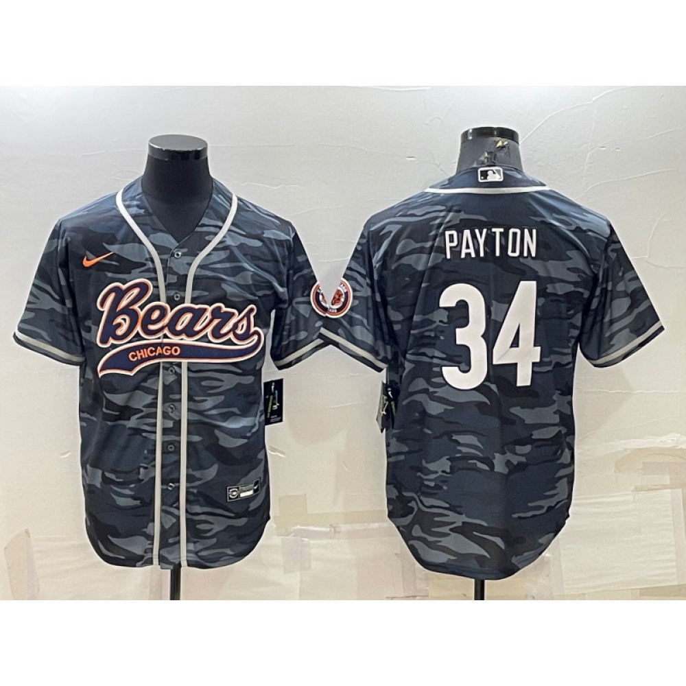 Men's Chicago Bears #34 Walter Payton Grey Camo With Patch Cool Base Stitched Baseball Jersey 002 Men's Chicago Bears #34 Walter Payton Grey Camo With Patch Cool Base Stitched Baseball Jersey 002