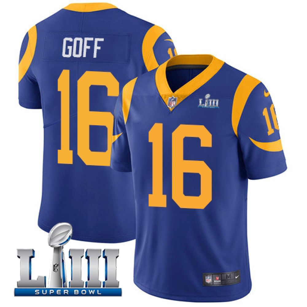 Men's Los Angeles Rams #16 Jared Goff Royal Blue Super Bowl LIII Vapor Untouchable Limited Stitched NFL Jersey Men's Los Angeles Rams #16 Jared Goff Royal Blue Super Bowl LIII Vapor Untouchable Limited Stitched NFL Jersey