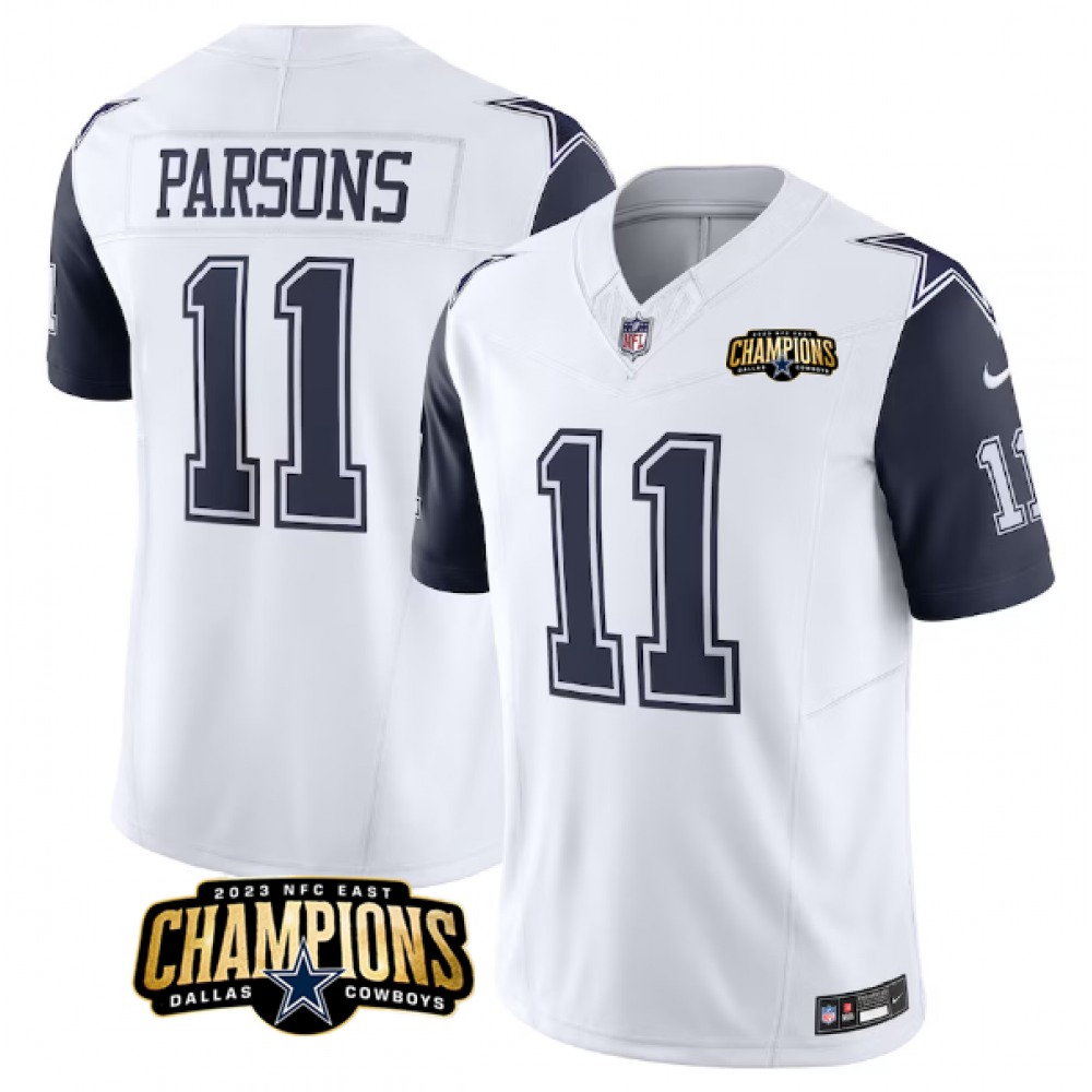 Men's Dallas Cowboys #11 Micah Parsons White/Navy 2023 F.U.S.E. NFC East Champions Patch Stitched Football Jersey Men's Dallas Cowboys #11 Micah Parsons White/Navy 2023 F.U.S.E. NFC East Champions Patch Stitched Football Jersey