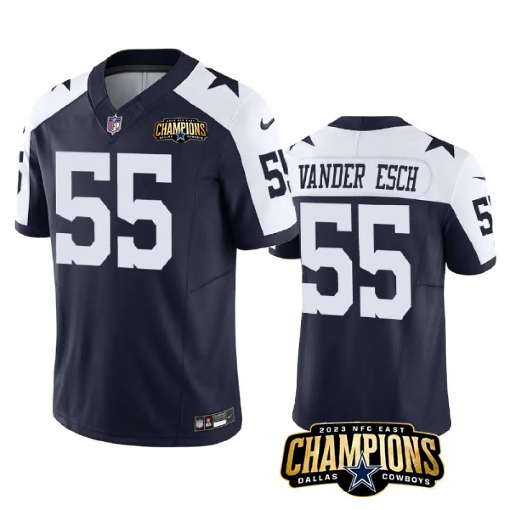 Men's Dallas Cowboys #55 Leighton Vander Esch Navy/White 2023 F.U.S.E. NFC East Champions Patch Stitched Football Jersey Men's Dallas Cowboys #55 Leighton Vander Esch Navy/White 2023 F.U.S.E. NFC East Champions Patch Stitched Football Jersey