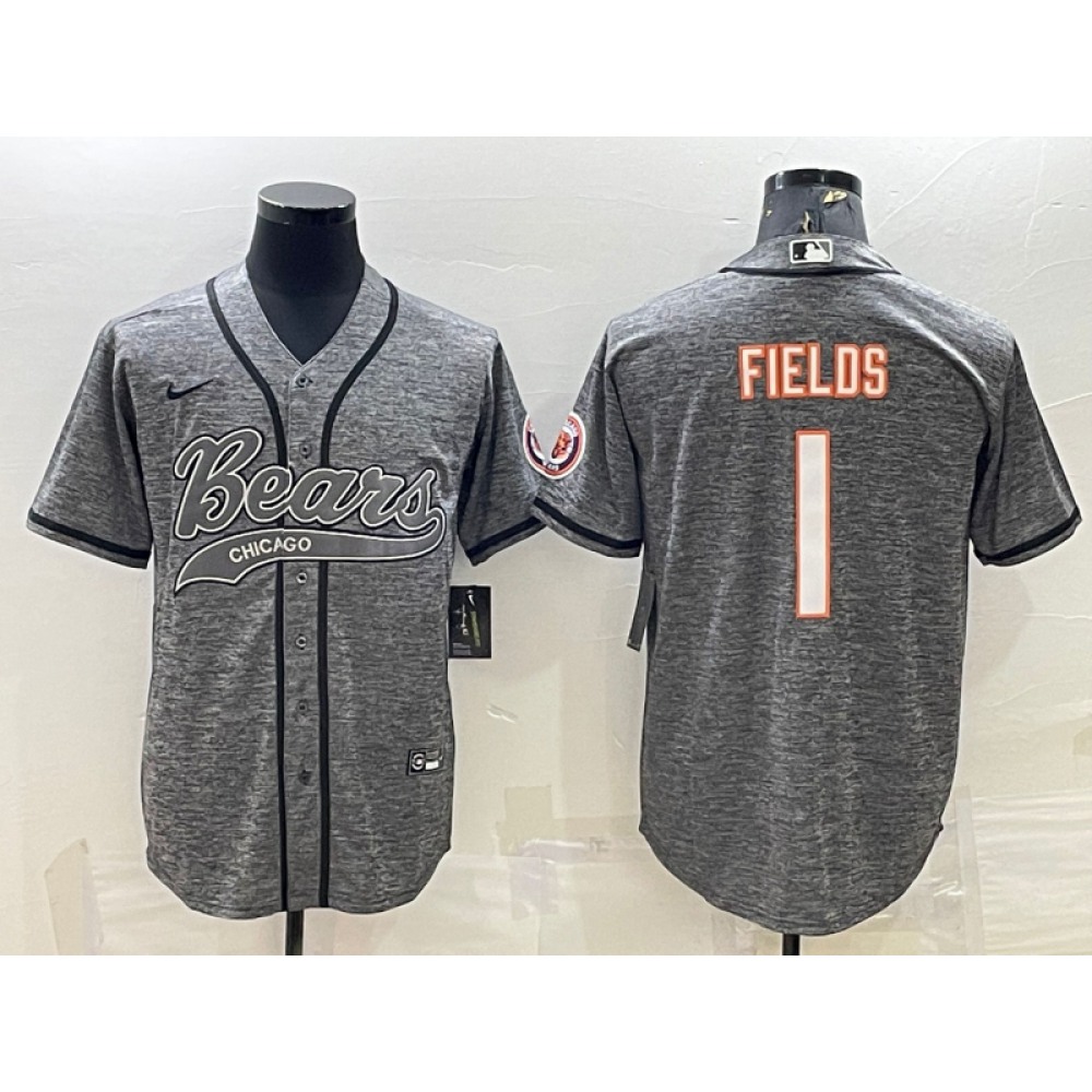 Men's Chicago Bears #1 Justin Fields Grey With Patch Cool Base Stitched Baseball Jersey Men's Chicago Bears #1 Justin Fields Grey With Patch Cool Base Stitched Baseball Jersey
