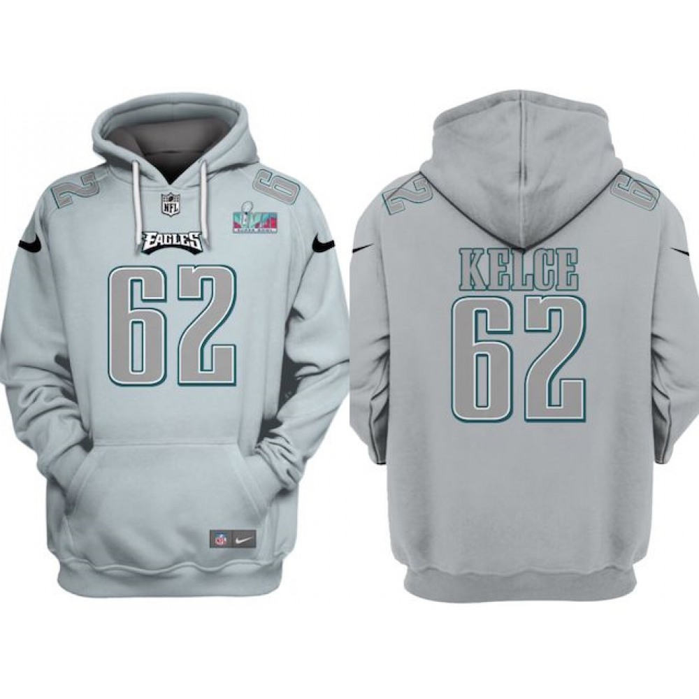 Men's Philadelphia Eagles #62 Jason Kelce Grey Atmosphere Fashion Super Bowl LVII Patch Pullover Hoodie Men's Philadelphia Eagles #62 Jason Kelce Grey Atmosphere Fashion Super Bowl LVII Patch Pullover Hoodie