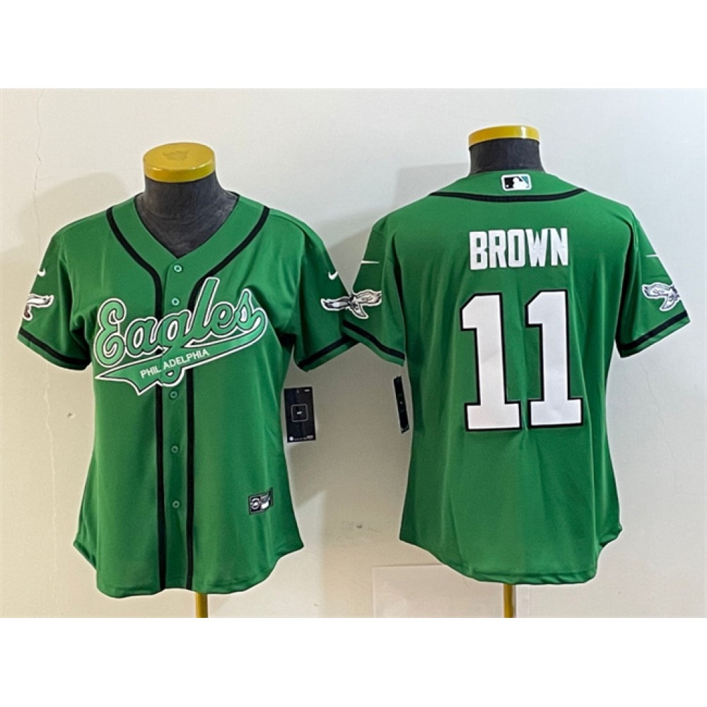 Youth Philadelphia Eagles #11 A. J. Brown Green Cool Base Stitched Baseball Jersey Youth Philadelphia Eagles #11 A. J. Brown Green Cool Base Stitched Baseball Jersey
