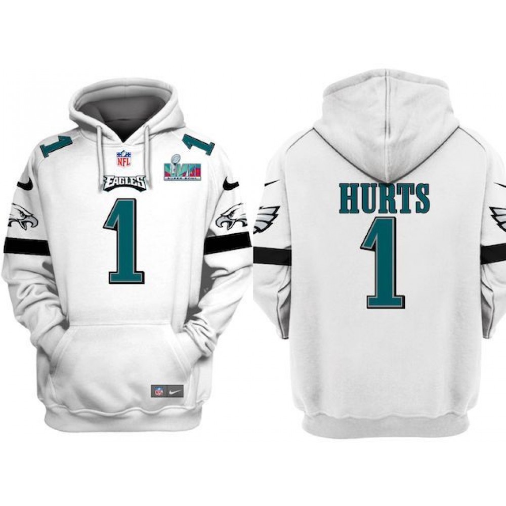 Men's Philadelphia Eagles #1 Jalen Hurts White Super Bowl LVII Patch Pullover Hoodie Men's Philadelphia Eagles #1 Jalen Hurts White Super Bowl LVII Patch Pullover Hoodie