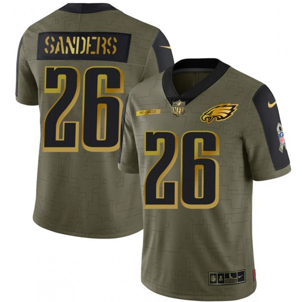 Men's Philadelphia Eagles #26 Miles Sanders 2021 Olive Salute To Service Golden Limited Stitched Jersey Men's Philadelphia Eagles #26 Miles Sanders 2021 Olive Salute To Service Golden Limited Stitched Jersey