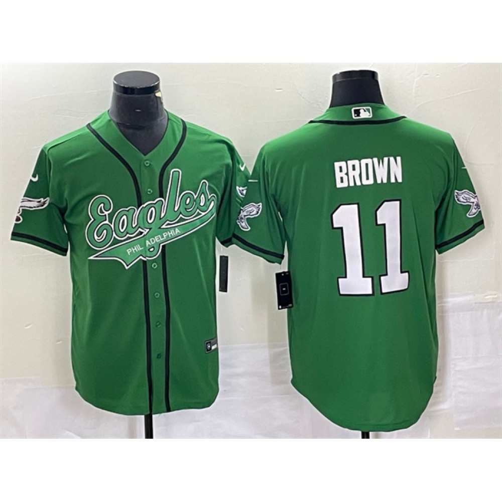 Men's Philadelphia Eagles #11 A. J. Brown Green Cool Base Stitched Baseball Jersey Men's Philadelphia Eagles #11 A. J. Brown Green Cool Base Stitched Baseball Jersey