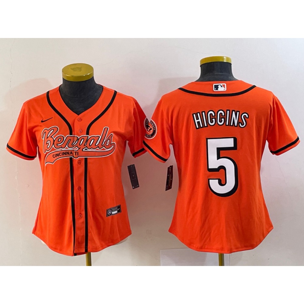 Youth Cincinnati Bengals #5 Tee Higgins Orange With Patch Cool Base Stitched Baseball Jersey Youth Cincinnati Bengals #5 Tee Higgins Orange With Patch Cool Base Stitched Baseball Jersey